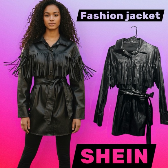 SHEIN Jackets & Blazers - Vintage style SHEIN Black Faux Leather Fringe Belted Jacket